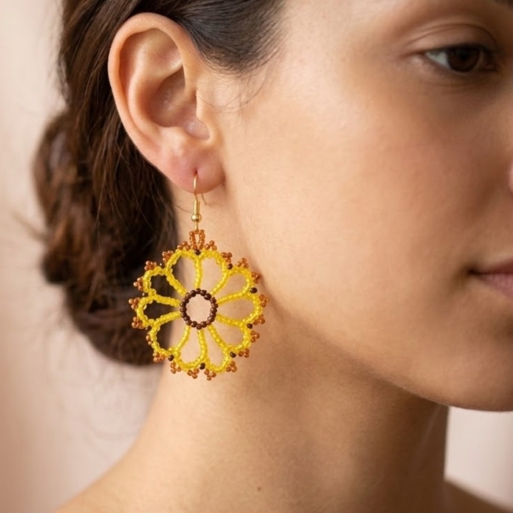 Yellow and Brown Beaded Flower Earrings